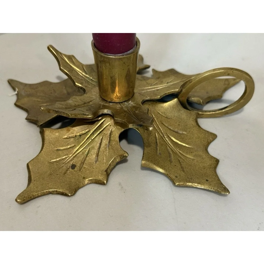 Vintage Solid Brass Holly Leaf Candlestick Holder Ring Handle Christmas‎ MCM